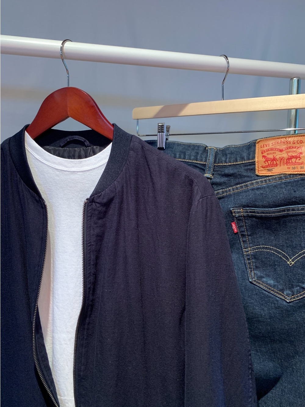 Unisex Navy Bomber Jacket Linen-Cotton Blend With White T-shirt